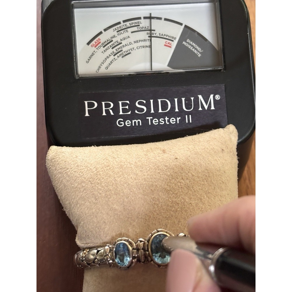 Sterling Silver And 14k Gold Blue Topaz Hinged Bangle Bracelet 6.75" 21.1 Grams - Picture 7 of 11